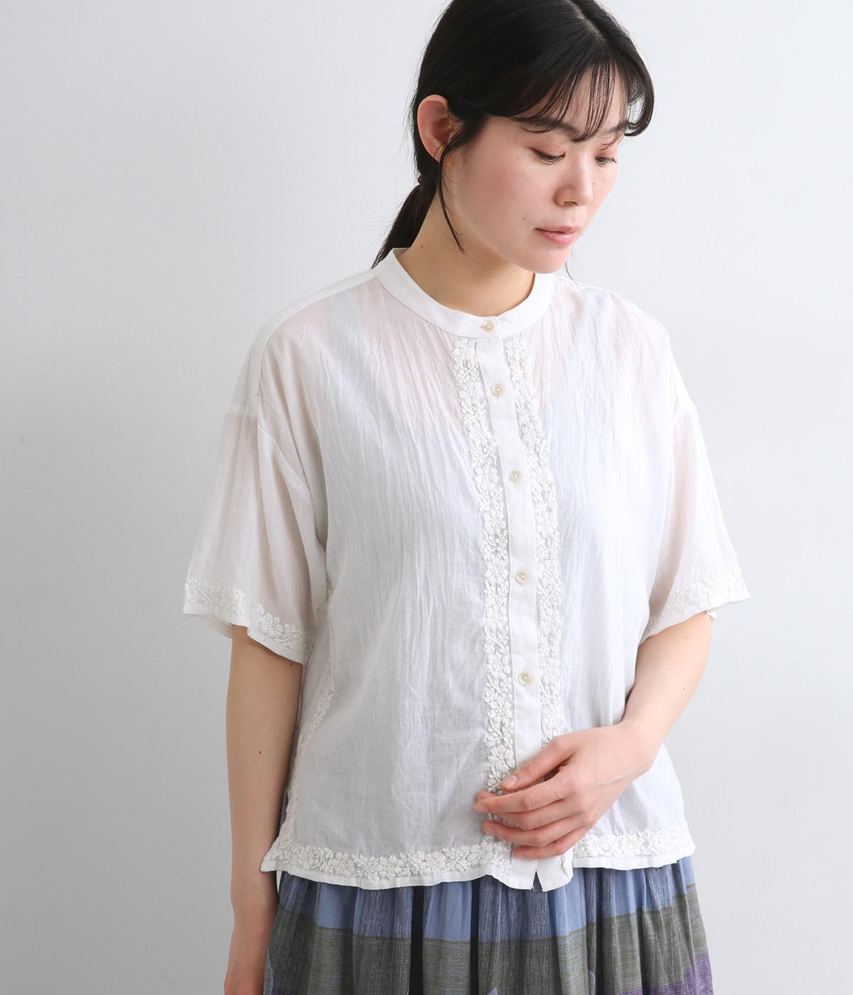 Light Voile　ラクナウ刺繍　ハーフスリーブバンドカラーシャツ(オフホワイト-F)