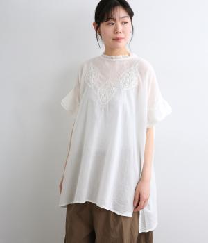 Light Voile　ラクナウ刺繍　フリルチュニックブラウス(オフホワイト-F)