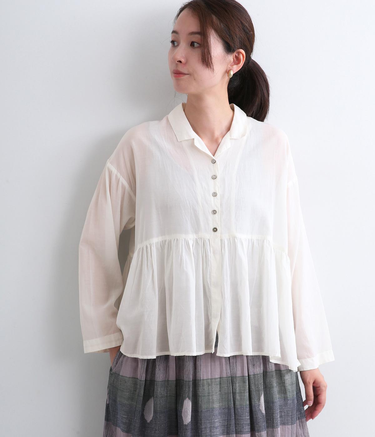 シルクタッチVoile　オープンカラーギャザーブラウス(オフホワイト-F)