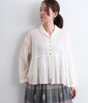 シルクタッチVoile　オープンカラーギャザーブラウス(オフホワイト-F)