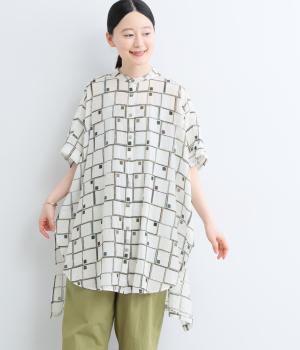 つぶつぶスクエアプリントハーフムーンヘムワイドチュニック(ホワイト-F)