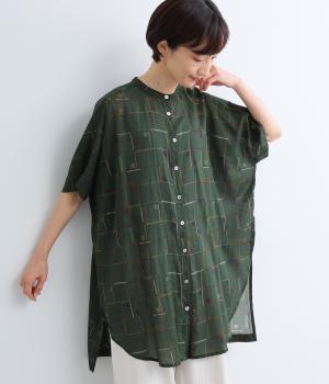 つぶつぶスクエアプリントハーフムーンヘムワイドチュニック(グリーン-F)