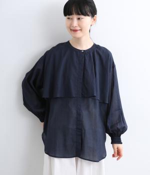 シルクタッチボイルスモールドットプリント　ヨークフレアロングシャツ(ダークネイビー-F)