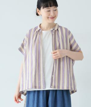 ボイルガーゼ箔×ストライププリント　ドロストギャザーシャツ(ラベンダー-F)