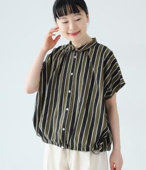 ボイルガーゼ箔×ストライププリント　ドロストギャザーシャツ(チャコール-F)