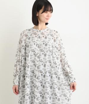 コットンジョーゼットノスタルジックプリント2wayワイドクルーワンピース(オフホワイト-F)