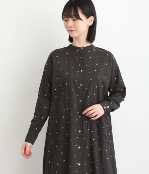 キャンブリックドットプリントポケ付き前開きワンピース(ブラック-F)