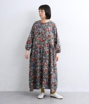手捺染　コードコットンヴィンテージフラワープリント　前開きドルマンワンピース