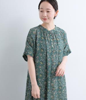 エスニックフラワープリントヘンリー×タック2wayワンピース(グリーン-F)