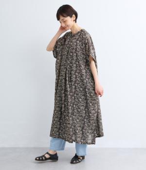 エスニックフラワープリントヘンリー×タック2wayワンピース(チャコールグレー-F)