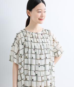 つぶつぶスクエアプリントシャーリング2wayクルーネックワンピース