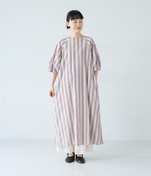 ボイルガーゼ箔×ストライププリント　コクーンスリーブ2wayワンピース(ラベンダー-F)