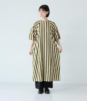 ボイルガーゼ箔×ストライププリント　コクーンスリーブ2wayワンピース(カーキ-F)