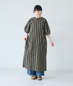 ボイルガーゼ箔×ストライププリント　コクーンスリーブ2wayワンピース(チャコール-F)