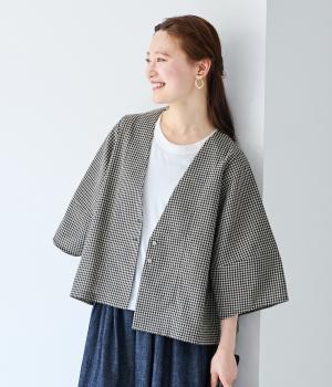 コットンリネンギンガムチェックジャケット(ホワイト×ブラック-ONESIZE)
