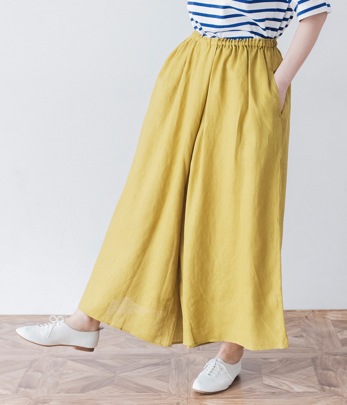 リネンワイドギャザーパンツ(マスタード-ONESIZE)