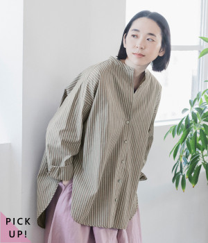 コットンストライプ バンドカラーシャツ