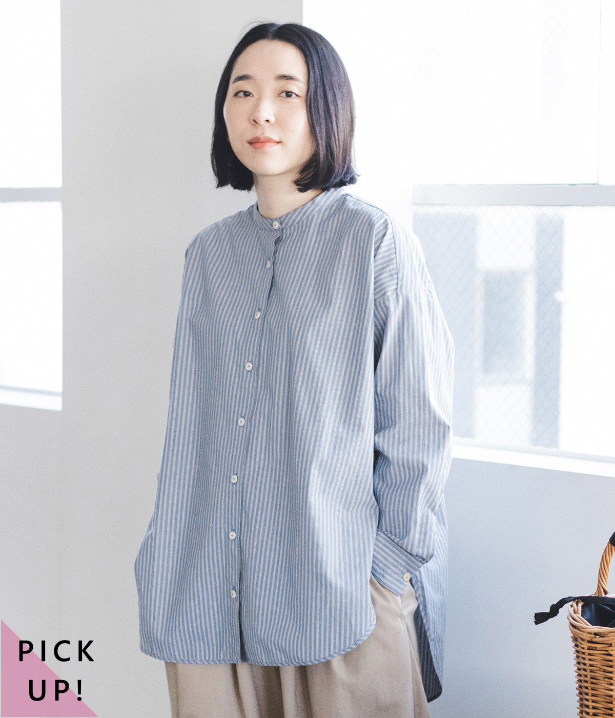 コットンストライプ バンドカラーシャツ(ブルー-ONESIZE)