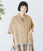 コットンリネンオープンカラーブラウス(ベージュ-ONESIZE)