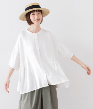 レーヨンリネンサイドギャザーブラウス(ホワイト-ONESIZE)