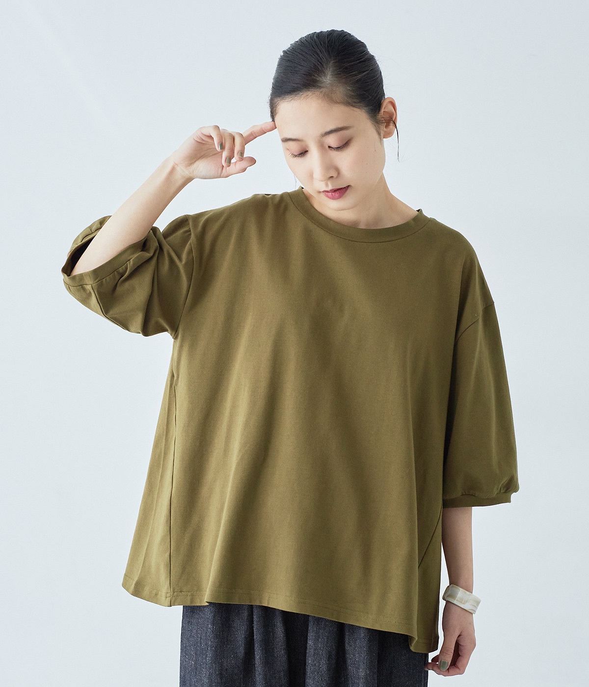 5分袖フレアTシャツ(カーキ-ONESIZE)