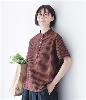 プルオーバーチェックブラウス(レッド×ネイビー-ONESIZE)