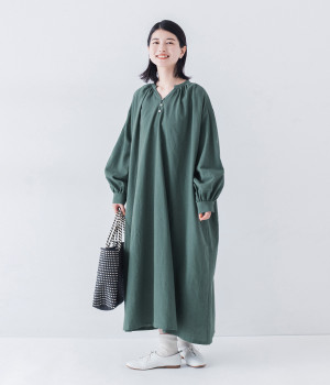 コットンリネン 後ろタックワンピース(グリーン-ONESIZE)
