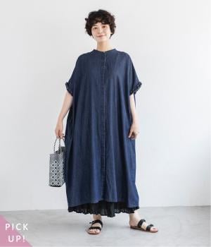 コットンデニム袖フリルワンピース(インディゴ-ONESIZE)