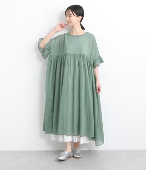コットンフリル袖ギャザーワンピース