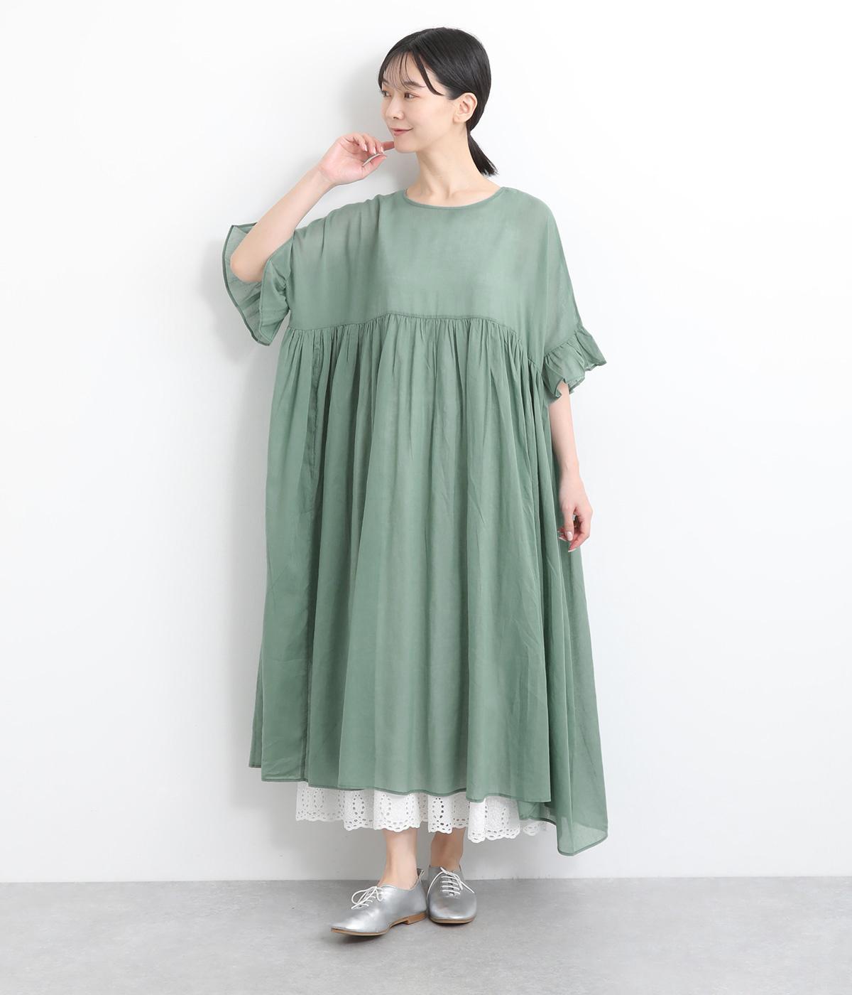 コットンフリル袖ギャザーワンピース(グリーン-ONESIZE)