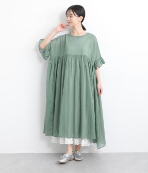 コットンフリル袖ギャザーワンピース(グリーン-ONESIZE)