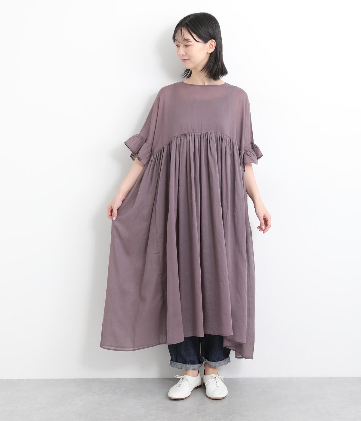 コットンフリル袖ギャザーワンピース(パープル-ONESIZE)