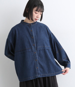 柔らかデニム 袖ふわりダブルステッチジャケット(ワンウォッシュ-ONESIZE)