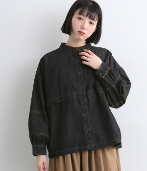 柔らかデニム 袖ふわりダブルステッチジャケット(ブラック-ONESIZE)