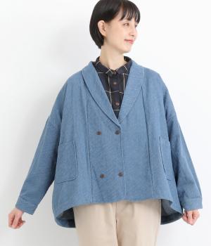 ジャカードデニムショールカラーWボタンジャケット(ブルー-F)