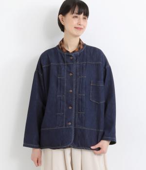 やわらかデニムゆるVネックカーディガン風ジャケット(ワンウォッシュ-F)