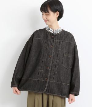 やわらかデニムゆるVネックカーディガン風ジャケット(ブラック-F)