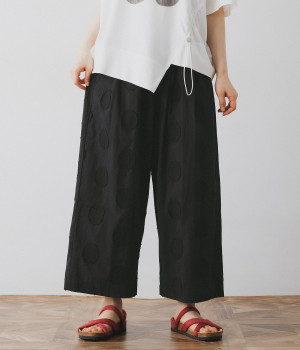 コットンリネン BIGドットゆるアンクルパンツ(ブラック×ブラック-ONESIZE)