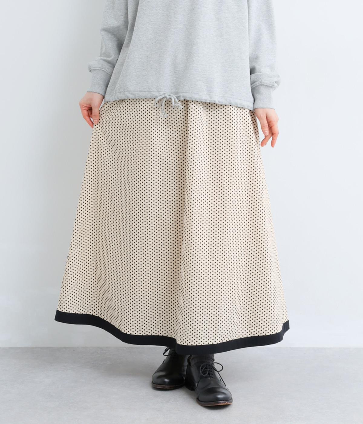 ドット布帛無地裾配色ギャザースカ―ト(ナチュラル/小ドット×ブラック-F)