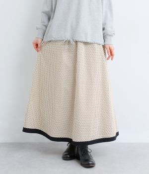 ドット布帛無地裾配色ギャザースカ―ト(ナチュラル/小ドット×ブラック-F)