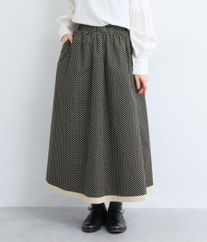 ドット布帛無地裾配色ギャザースカ―ト(ブラック/小ドット×ナチュラル-F)