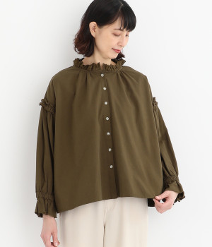 コットンリネン フリルシャツ(カーキ-ONESIZE)