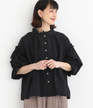 コットンリネン フリルシャツ(ダークネイビー-ONESIZE)