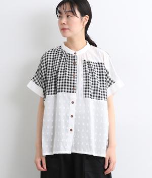 ドビーギンガム切替入りブラウス(ホワイト×ホワイト×ブラック/チェック-ONESIZE)