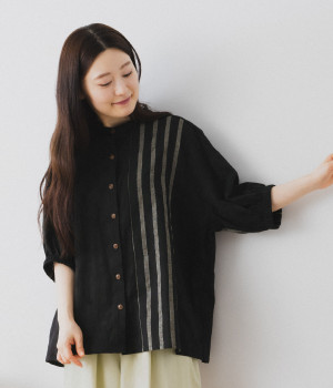 ジャカード 縦切替 バックギャザーシャツ(ブラック×ストライプ-ONESIZE)