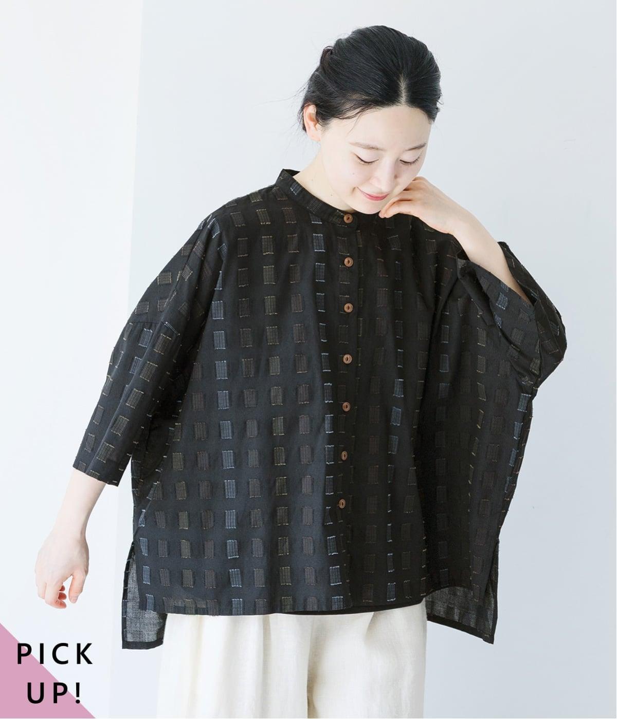 ステッチ刺繍入りローンふわっとシャツ(ブラック-ONESIZE)