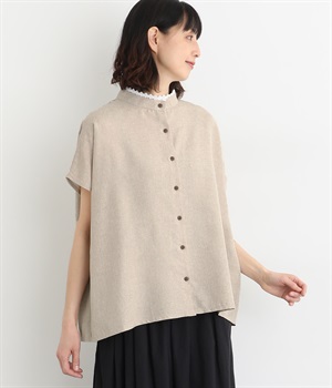 襟レースハイネック半袖シャツ(ナチュラル×ホワイト-ONESIZE)