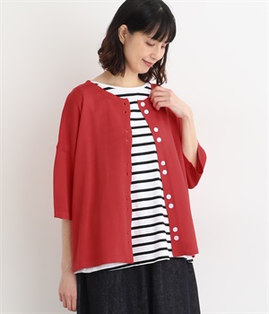 サマーニット 5分袖クルーカーディガン(レッド-ONESIZE)