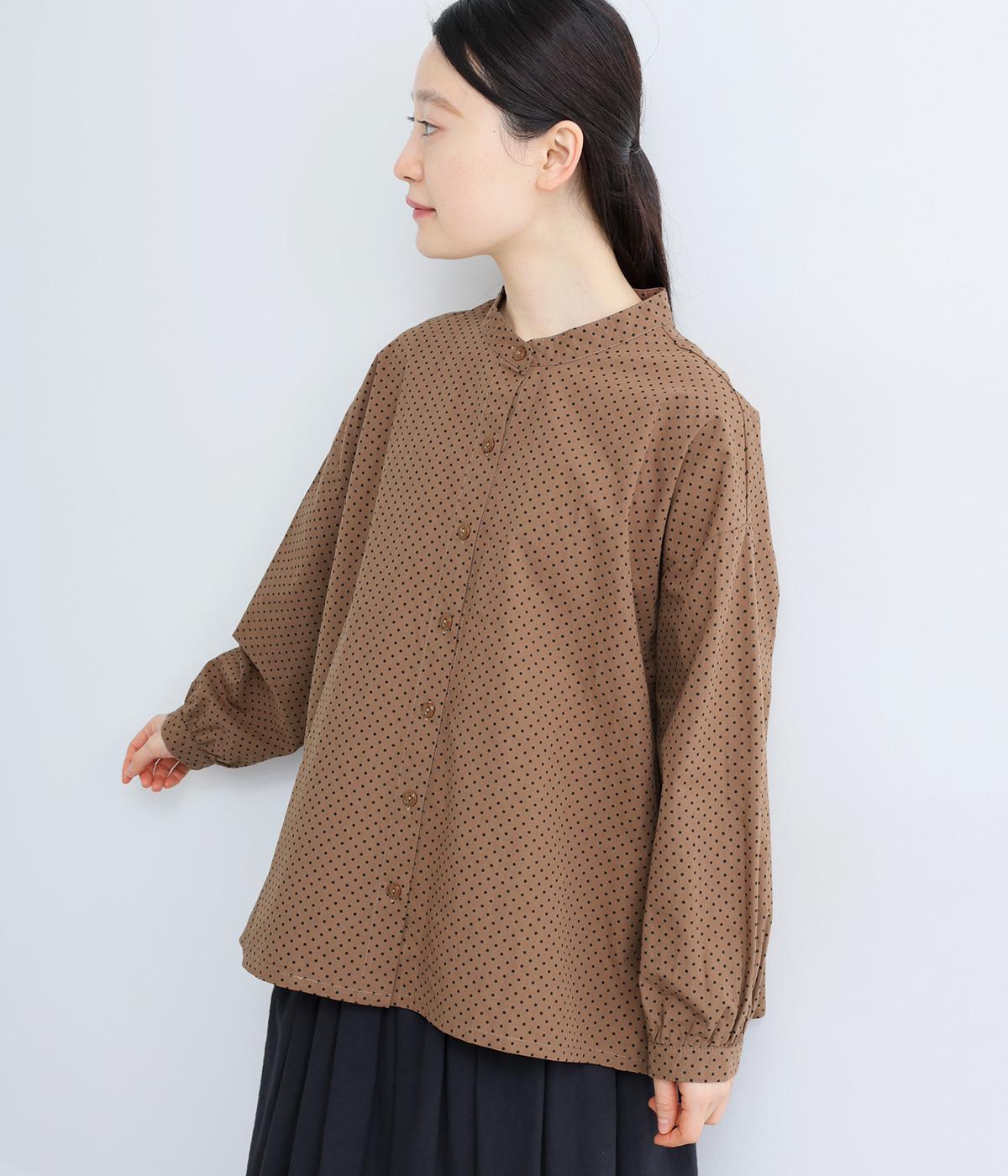 アンティーク風ドットダブルギャザーシャツ(ブラウン-F)