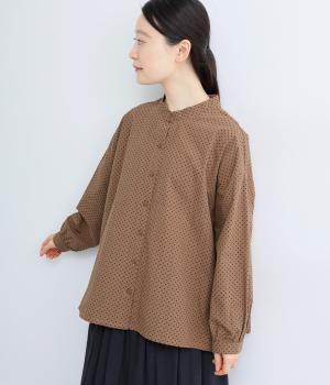 アンティーク風ドットダブルギャザーシャツ(ブラウン-F)